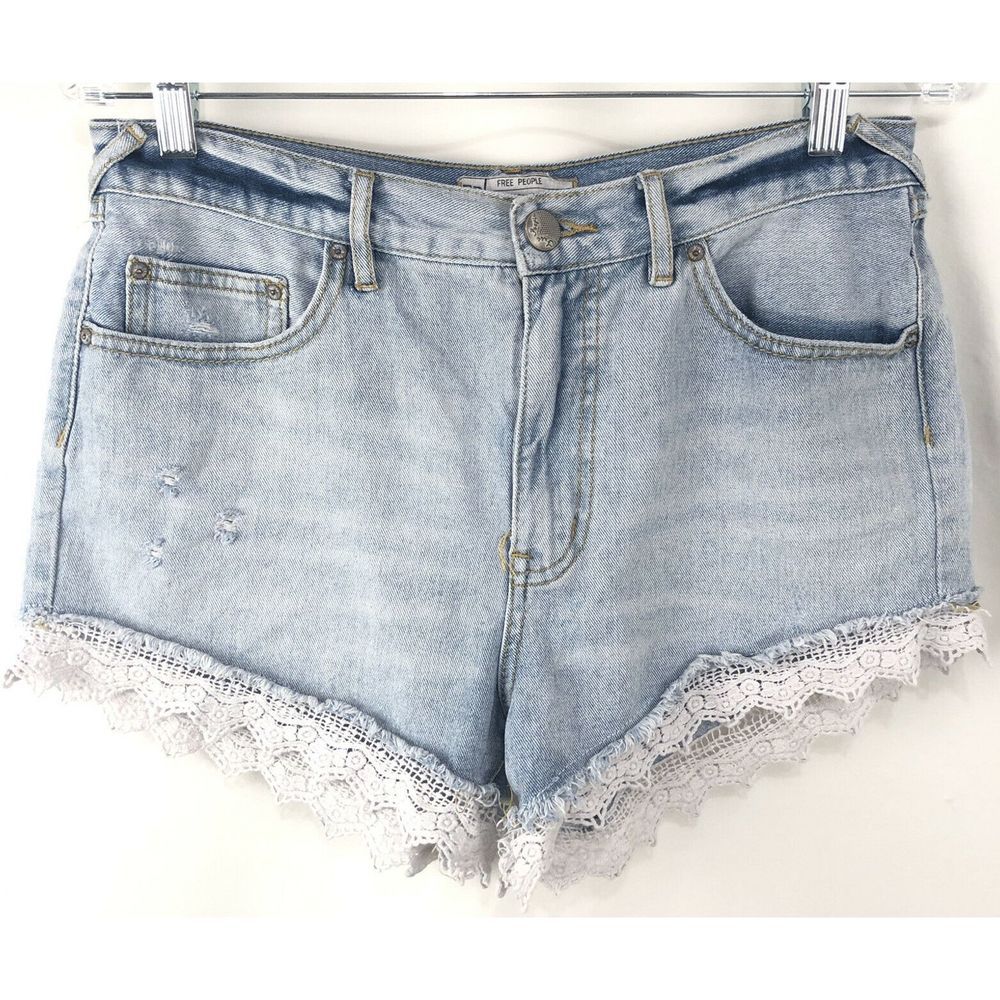 Free People Denim Shorts Crochet Lace Hem SZ 28
